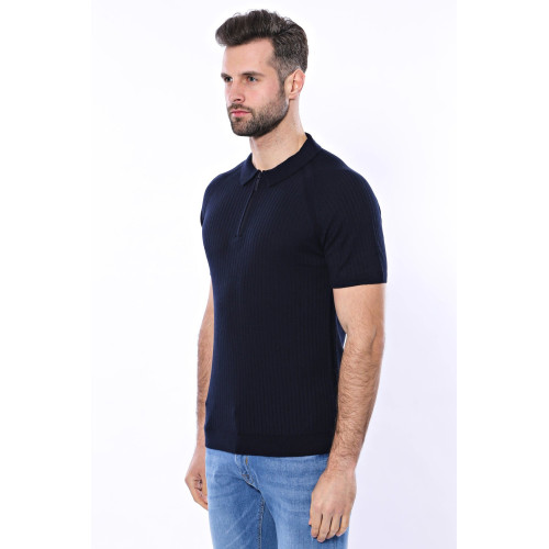 Patterned Black Knitted Polo T-Shirt for Men | Black
