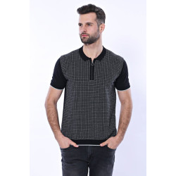 Plaid Zippered Polo Knitted T-Shirt for Men | Black Grey