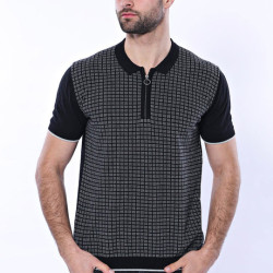 Plaid Zippered Polo Knitted T-Shirt for Men | Black Grey