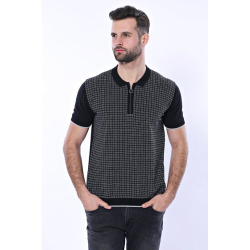 Plaid Zippered Polo Knitted T-Shirt for Men | Black Grey