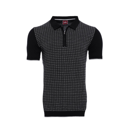 Plaid Zippered Polo Knitted T-Shirt for Men | Black Grey