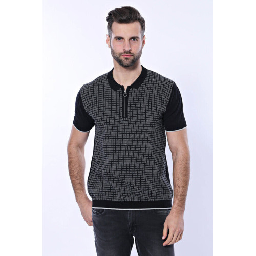 Plaid Zippered Polo Knitted T-Shirt for Men | Black Grey