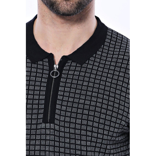 Plaid Zippered Polo Knitted T-Shirt for Men | Black Grey