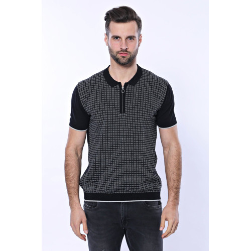 Crew-Neck Patterned Navy Knitted T-Shirt
