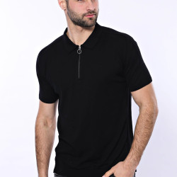 Plain Black Zippered Polo Knitted T-Shirt for Men | Black