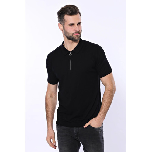 Plain Black Zippered Polo Knitted T-Shirt for Men | Black