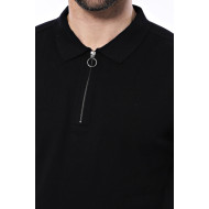 Plain Black Zippered Polo Knitted T-Shirt for Men | Black