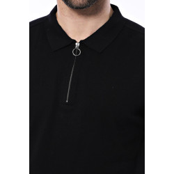 Plain Black Zippered Polo Knitted T-Shirt for Men | Black