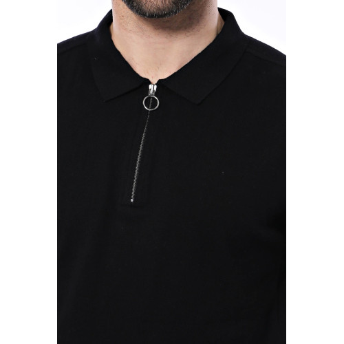 Plain Black Zippered Polo Knitted T-Shirt for Men | Black