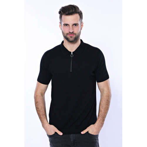 Plain Black Zippered Polo Knitted T-Shirt for Men | Black