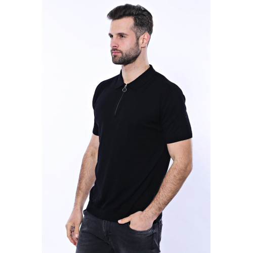 Plain Black Zippered Polo Knitted T-Shirt for Men | Black