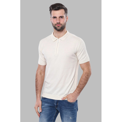 Polo Neck Plain Cream Knitted T-Shirt