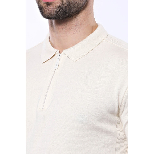 Polo Neck Plain Cream Knitted T-Shirt
