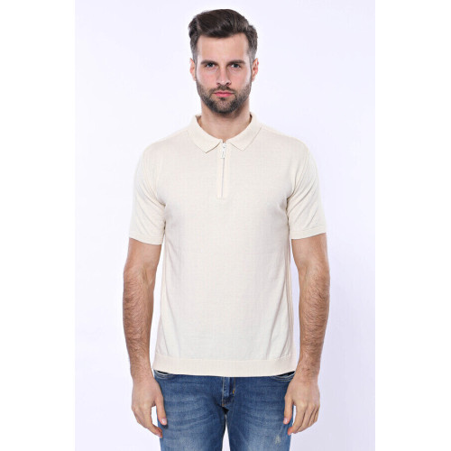 Polo Neck Plain Cream Knitted T-Shirt