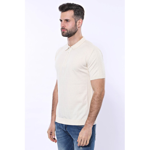 Polo Neck Plain Cream Knitted T-Shirt