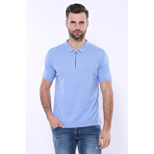 Plain Sky Blue Knitted Polo T-Shirt For Men | Sky-Blue