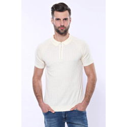 Polo Zippered Patterned Knitted T-Shirt |  Cream
