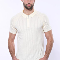 Polo Zippered Patterned Knitted T-Shirt |  Cream