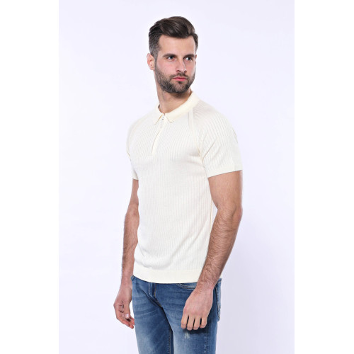 Polo Zippered Patterned Knitted T-Shirt |  Cream