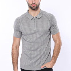 Zippered Patterned Knitted Polo T-Shirt |Grey