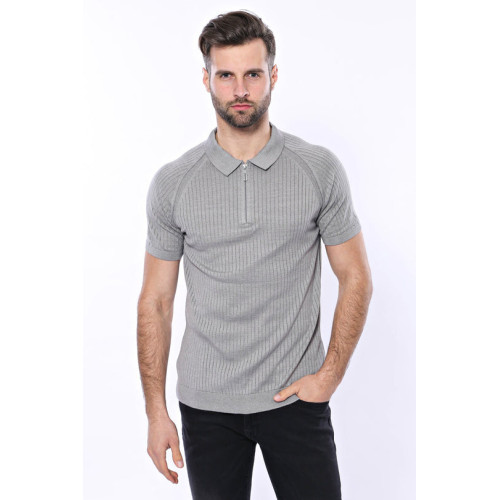 Zippered Patterned Knitted Polo T-Shirt |Grey