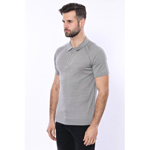 Zippered Patterned Knitted Polo T-Shirt |Grey