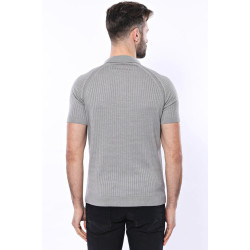 Zippered Patterned Knitted Polo T-Shirt |Grey