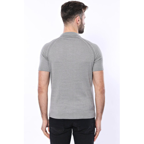 Zippered Patterned Knitted Polo T-Shirt |Grey
