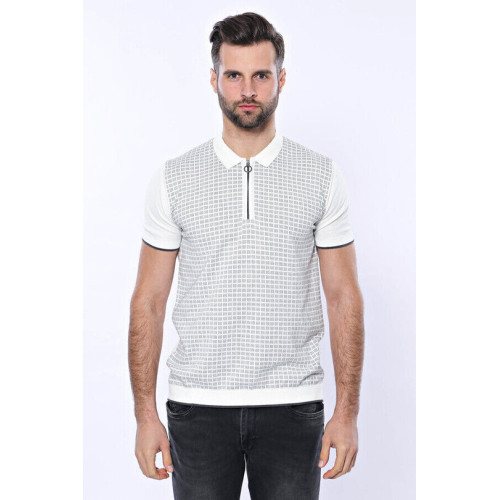 Plaid Zippered Knitted Polo T-Shirt for Men | Light Grey