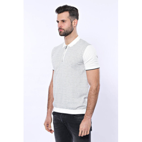 Plaid Zippered Knitted Polo T-Shirt for Men | Light Grey