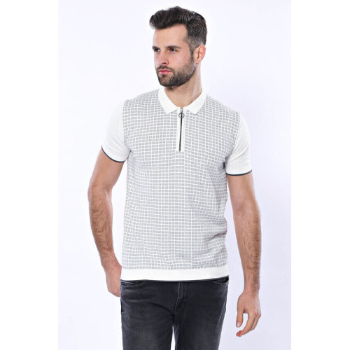 Plaid Zippered Knitted Polo T-Shirt for Men | Light Grey