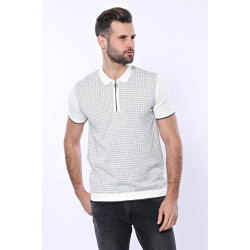 Plaid Zippered Knitted Polo T-Shirt for Men | Light Grey