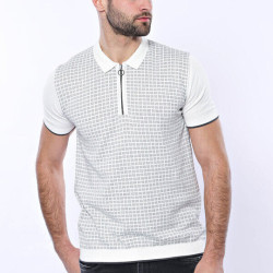 Plaid Zippered Knitted Polo T-Shirt for Men | Light Grey